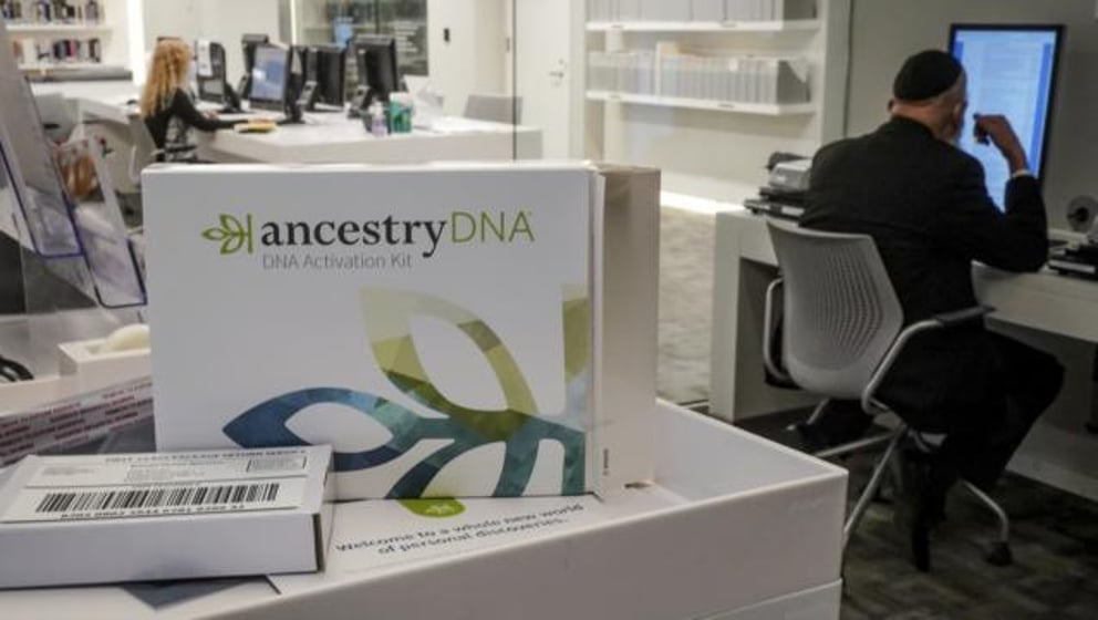 A genealogy testing kit for Ancestry/DNA is displayed in the Ackman and Ziff Family Genealogy Institute research area at the Center for Jewish History (CJH), Nov. 29, 2022, in New York. (AP Photo/Bebeto Matthews)