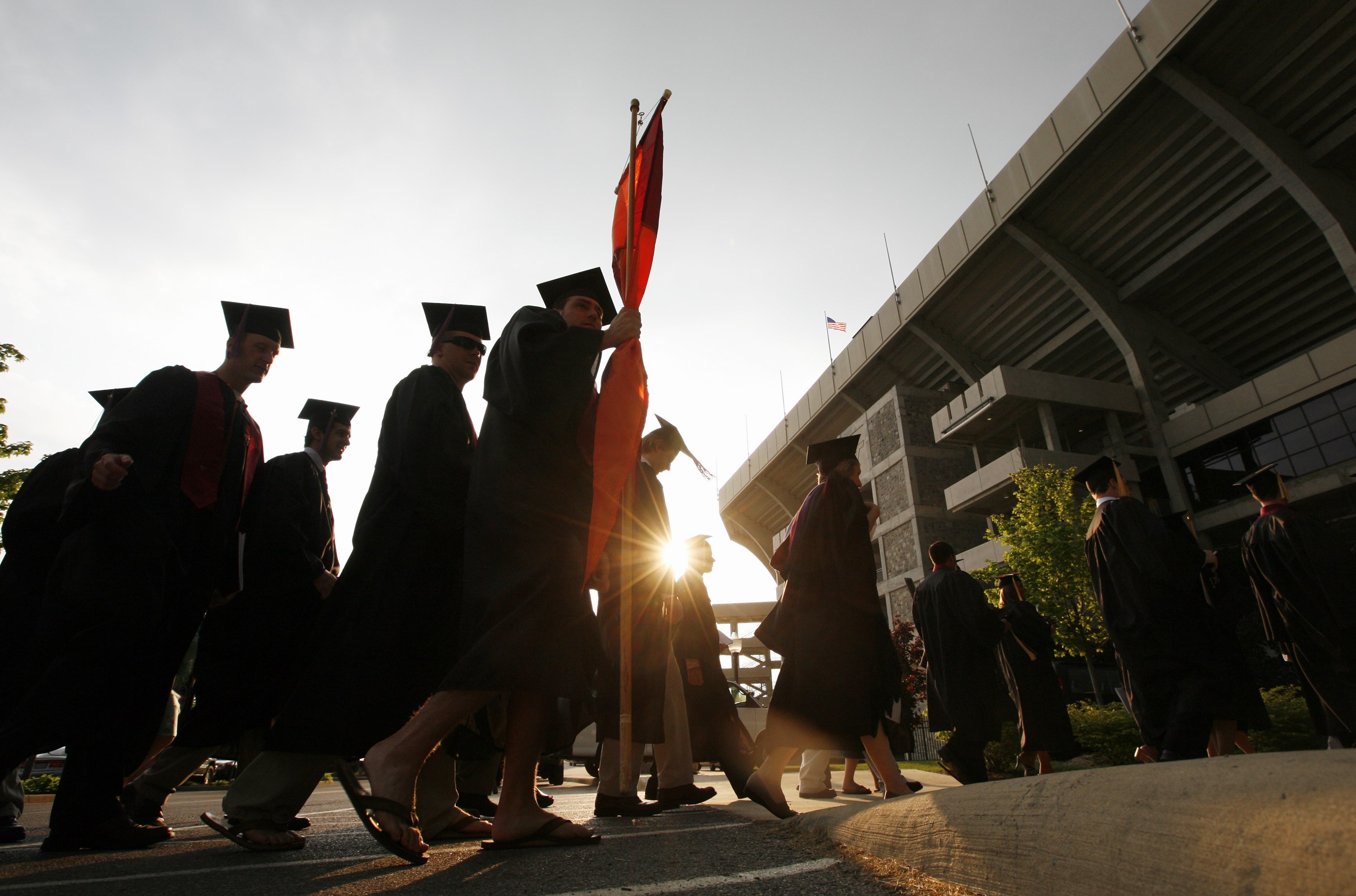Undergraduate students march into Lane Stadium for Commencement Ceremonies on the campus of Virginia Tech in Blacksburg, Va., Friday, May 11, 2007. (AP Photo/Don Petersen)